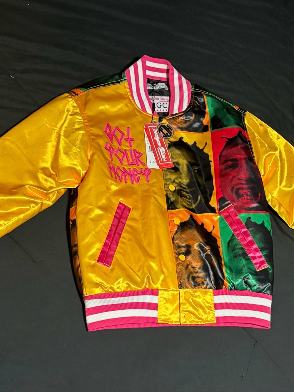 Graphic Yellow Satin Bomber Jacket with Multicolor Panels - Unbranded